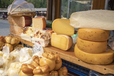 Yerel çiftçi pazarındaki ahşap tezgahta farklı tipte peynir tekerlekleri ve bloklar geleneksel süt ürünleri ve gurme gıda konsepti