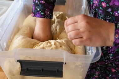 El hamur yoğurma plastik kap ev yapımı pişirme konsepti fırın hazırlama ve geleneksel gıda