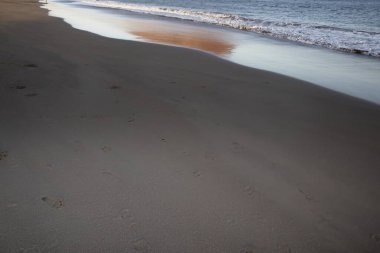 Sakin deniz dalgaları yumuşak ışık yansıması ile kumlu kumsalda yuvarlanıyor. Rahatlamayı, seyahat etmeyi, yazı ve özgürlüğü sembolize eden doğal kıyı arkaplanı.