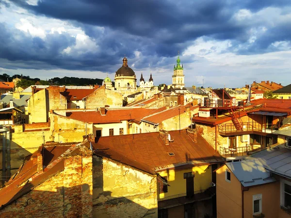 Roof Top View Lviv Ukraine Sunset Roofs Ancient Houses Birds — Stock Photo, Image