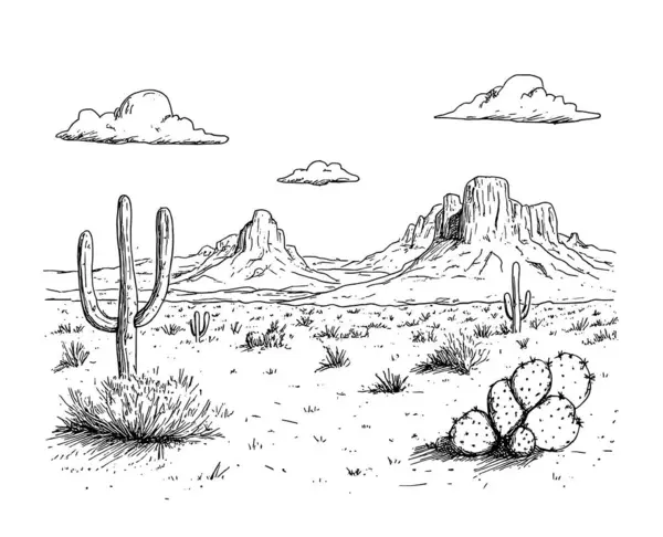 Kaktüsleri ve batı dağları olan el yapımı siyah ve beyaz çöl bozkırları. Klasik mürekkep tarzında rodeo kovboy sahnesi. Arkaplan, baskı ya da boyama sayfaları için ideal.