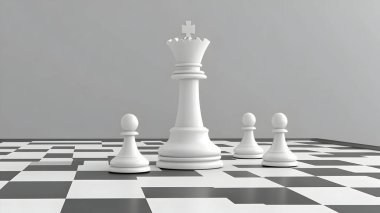 White Queen and Pawns on Chessboard - 3D Illustration clipart