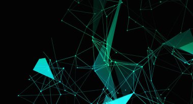 This abstract image displays a network of teal polygons connected by lines and dots on a black background, suggesting a futuristic, tech-related concept.