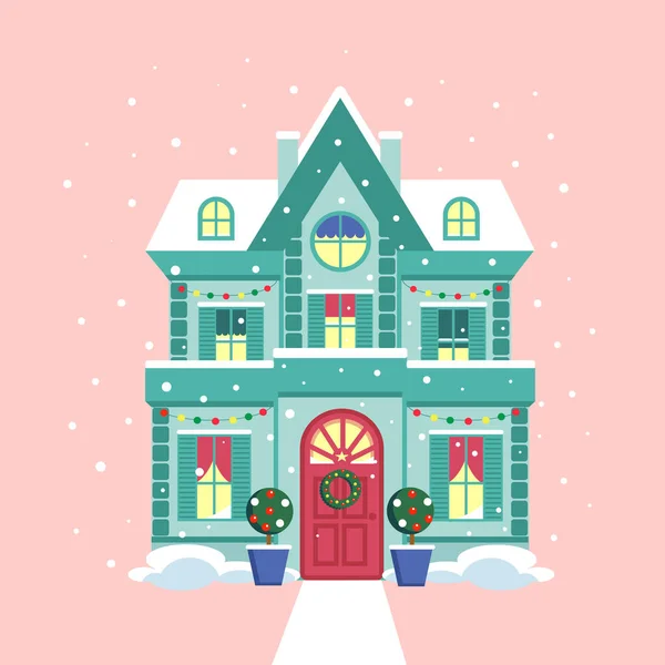 Cute Christmas House Snow Pastel Colors — Vettoriale Stock