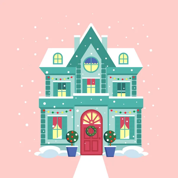 Милый Рождественский Домик Снегу Пастельных Тонах — стоковый вектор