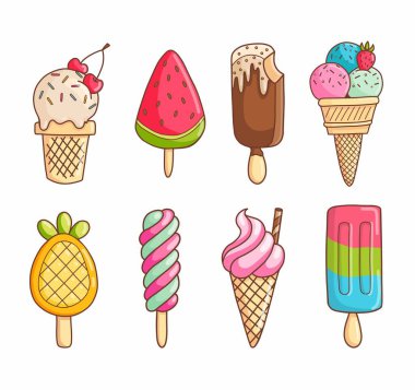 Delicious colorful ice cream set. Collectible ice cream and popsicle cones with different toppings isolated on white background. Vector illustration