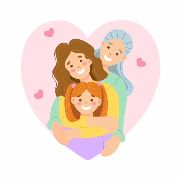 Illustration with grandmother, mother and daughter in flat cartoon style for Mothers Day holiday in gentle colors. Vector illustration