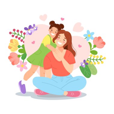 Mothers day illustration with happy daughter and mother on background of spring flowers in cartoon style. Vector illustration