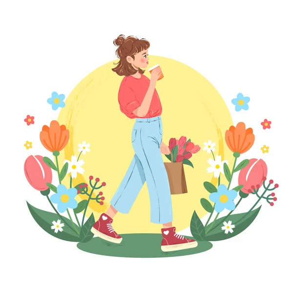 Иллюстрация Ходячей Девушки Кофе Букет Тюльпанов Фоне Весенних Цветов Векторная — стоковый вектор