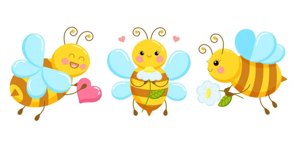 Soubor Ilustrací Roztomilých Kreslených Včel Zamilovaných Sedmikrásek Vektorová Ilustrace — Stockový vektor