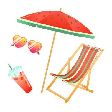 Plaj yaz aksesuarları, şemsiye, şezlong, güneş gözlüğü ve kokteyllerin temsilcisi.
