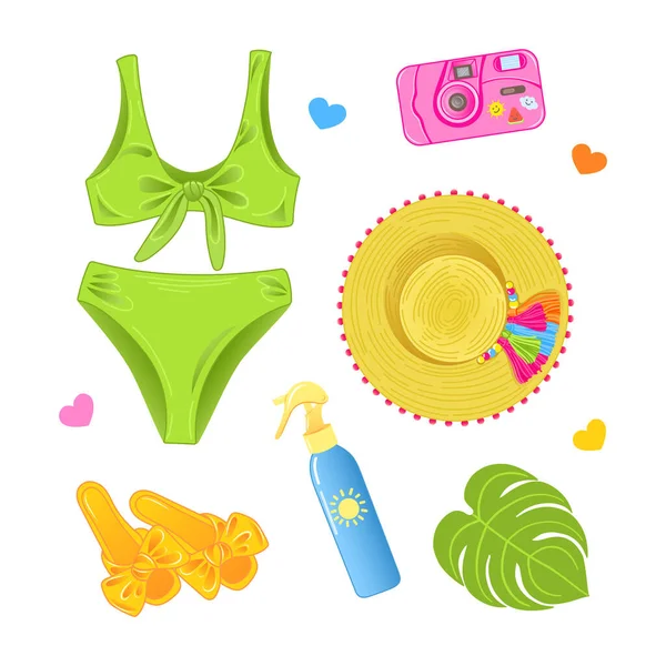Vector Illustration Beach Summer Accessories Swimsuit Flip Flops Camera Straw — Stock Vector