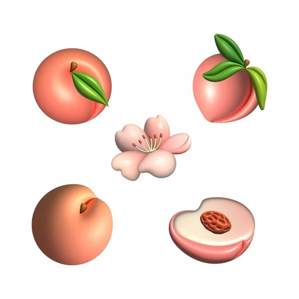 Illustration of fresh peaches and slices in a cartoon plasticine style on a white background.