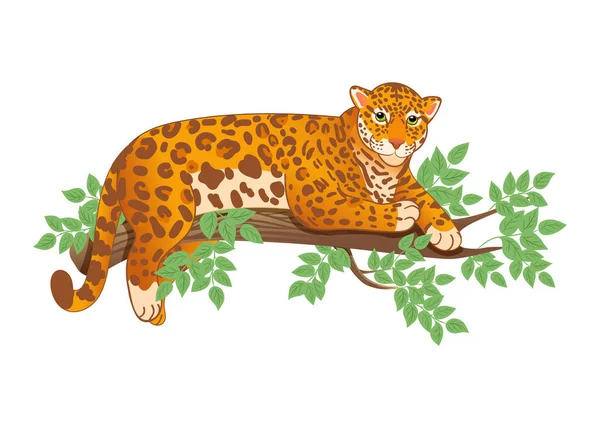 Illustration Vectorielle Léopard Jaguar Couché Sur Une Branche Arbre Style — Image vectorielle