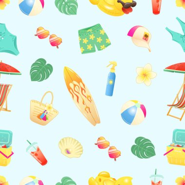Açık mavi arka planda plaj yaz aksesuarları olan kusursuz bir desen. Vektör illüstrasyonu