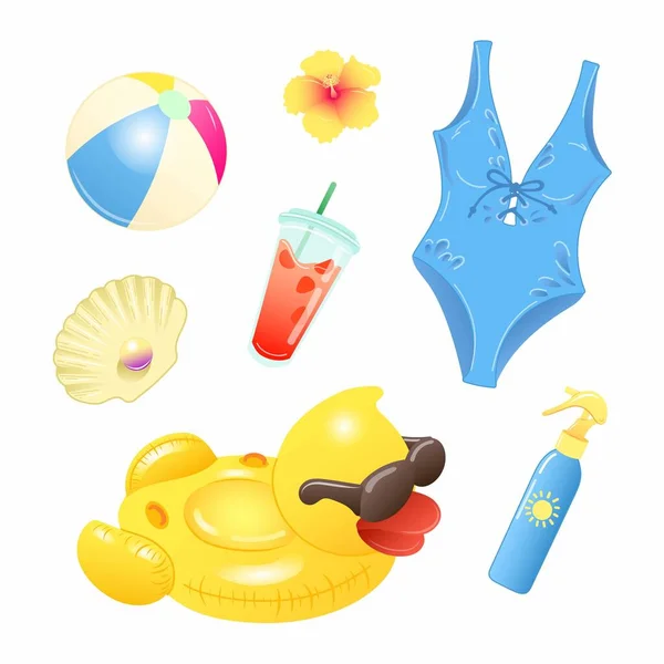 Set Vector Illustrations Beach Accessories Swim Circle Swimsuit Cocktail Beach — Stock Vector