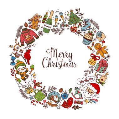 Beyaz arka planda renkli karalama çizimlerinden yapılmış Noel çelengi. El çizimi vektör çizimi. Mevsimler Tebrik Çelengi