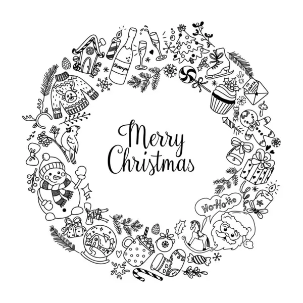 Eğlenceli karalama çizimlerinden yapılmış Noel çelengi. El çizimi vektör illüstrasyonu Mevsimler Kutlama Çelengi