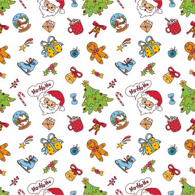 Komik karalama elementlerinin kusursuz Noel deseni. Yazdırma ve tasarım için Noel temalı vektör çizimleri