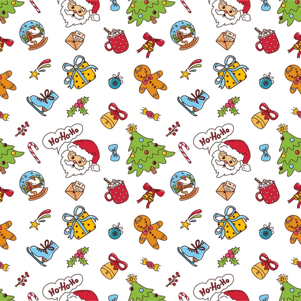 Komik karalama elementlerinin kusursuz Noel deseni. Yazdırma ve tasarım için Noel temalı vektör çizimleri