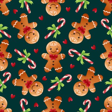 Karikatürlü zencefilli kurabiye ve baston şekerli Noel deseni. El çizimi vektör çizimi. Komik xmas arkaplanı