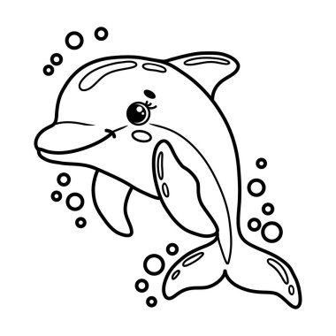 İfade eden gözleri ve baloncukları olan sevimli gülümseyen yunusların vektör çizimi. Çocuk boyama kitapları, sayfalar, eğitim materyalleri, çeşitli baskı veya yaratıcı projeler için mükemmel. 