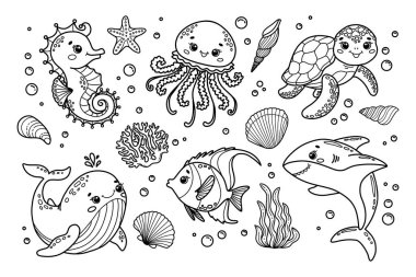 Deniz atı, denizanası, balina, balık, köpekbalığı, kaplumbağa, mercan ve kabuk gibi sevimli deniz hayvanlarının vektör çizimleri. Çocuk boyama sayfaları ve eğitim materyalleri için mükemmel