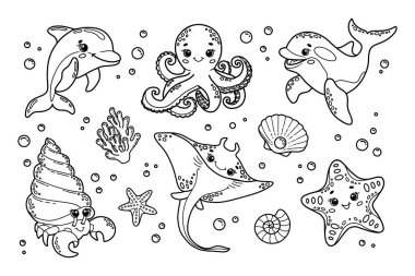 Yunus, ahtapot, katil balina, keşiş yengeci, iğneli vatoz, deniz yıldızı ve deniz kabukları da dahil olmak üzere sevimli deniz hayvanlarının vektör çizimi. Çocuk boyama sayfaları ve eğitim materyalleri için mükemmel