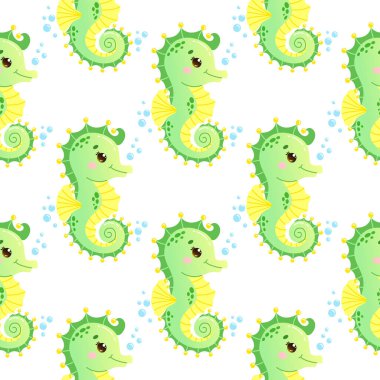 Kusursuz desenli, beyaz arka planda baloncukları olan yeşil denizatları. Çocuk tasarımları, tekstil, duvar kağıtları ve okyanus temalı projeler için mükemmel. Şirin ve eğlenceli vektör illüstrasyonu