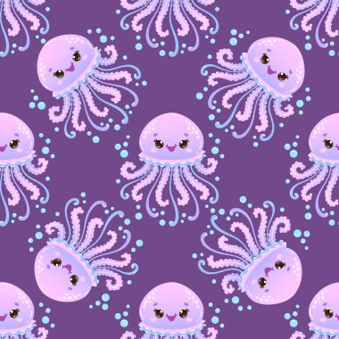 Şirin, gülümseyen mor denizanalarının, koyu mor bir arka planda kabarcıklar arasında süzüldüğü, vektörsüz bir desen. Çocuk ürünleri, tekstil ve duvar kağıtları için mükemmel.