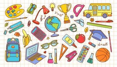 Şebeke kağıdında çeşitli eğitim araçları ve malzemelerle vektör okul temalı illüstrasyon seti. Okul terfileri, sınıf dekorasyonları ve eğitim içeriği için mükemmel.