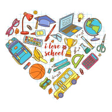 Okulun rengarenk kalp şeklinde illüstrasyonu okul malzemeleri ve şebeke kağıdındaki elementlerle dolu. Eğitim içeriği, sınıf dekorasyonu ve okula dönüş promosyonları için ideal