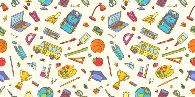 Renkli okul temalı illüstrasyonların kusursuz vektör şablonu eğitim malzemeleri ve araçları içeriyor. Ambalaj kağıdı, tekstil, geçmiş ve eğitim malzemeleri için ideal. Okula geri dön.