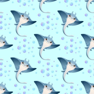 Sevimli, pürüzsüz vektör desenli açık mavi arka planda şirin karikatür vatozları ve kabarcıklar. Çocuk dekorasyonu, giyim ve su temalı tasarımlar için ideal.. 