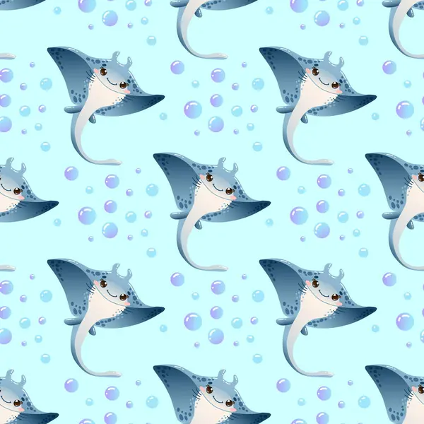 Sevimli, pürüzsüz vektör desenli açık mavi arka planda şirin karikatür vatozları ve kabarcıklar. Çocuk dekorasyonu, giyim ve su temalı tasarımlar için ideal.. 