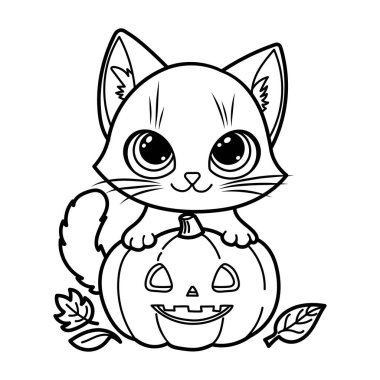 Cadılar Bayramı vektör çizimi oyulmuş bir balkabağının üzerinde oturan şirin bir kedi yavrusu, boyama sayfaları için mükemmel, çocuklar için Cadılar Bayramı tasarımları ve mevsimsel dekorasyonlar. Şenlikli, ürkütücü ve eğlenceli projeler için ideal.