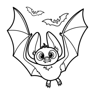 Cadılar Bayramı yarasa boyama sayfası. Siyah-beyaz şirin yarasa vektör çizimi renk aktiviteleri, çocuklar için ürkütücü eğlence, Cadılar Bayramı temalı el sanatları ve eğitim kaynakları için idealdir.