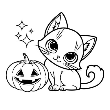 Gülen bir balkabağı fenerinin yanında oturan sevimli çizgi film kedisi Cadılar Bayramı temalı tasarımlar, çocuk boyama kitapları ya da şenlikli sonbahar projeleri için mükemmel. Bir kedi ve balkabağının vektör çizimi