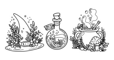 Büyülü bitki ve mantarlarla çevrili bir cadı şapkası, iksir şişesi ve kazanın büyüleyici vektör çizimi. Cadılar Bayramı tasarımları, boyama sayfaları ya da mistik dekorlar için mükemmel
