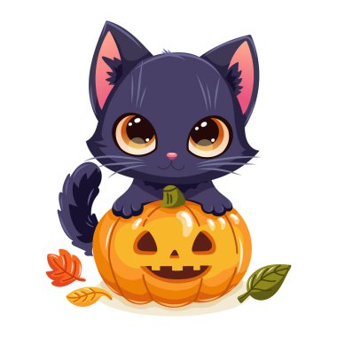 Parlak turuncu balkabağı fenerli sevimli siyah kedi yavrusu Cadılar Bayramı temalı tasarımlar için mükemmel. Bu şirin vektör illüstrasyonu festival dekorasyonları, tebrik kartları ve mevsimsel promosyonlar için idealdir.