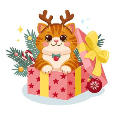 Yıldızlar ve kurdelelerle süslenmiş bir hediye kutusunda geyik boynuzları olan sevimli turuncu kedinin vektör çizimi. Noel dekorlarıyla çevrili, Noel temalı tasarımlar için mükemmel.