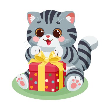 Sevimli gri kedi, sarı kurdeleli renkli bir hediye kutusunu açıyor. Noel tasarımları, tatil kartları, mevsimlik dekorasyonlar ve şenlik projeleri için mükemmel bir oyuncu vektör çizimi