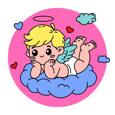 Sevimli hayalperest aşk tanrısı çizimi bir bulutta dinleniyor, kalpler ve bir haleyle çevrili. Sevgililer Günü için mükemmel, aşk temaları ve sevimli tasarımlar.