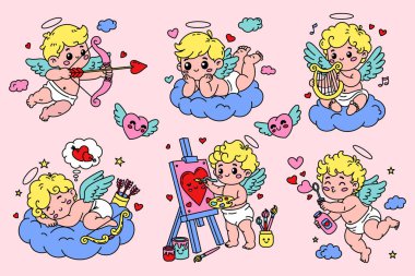 Renkli Cupid çizimlerinin vektör seti şirin bir tarzda. Aşk tanrısı arp çalıyor, resim yapıyor, ok atıyor, uyuyor, köpük üflüyor ve rüya görüyor. Sevgililer Günü Tasarımları için mükemmel