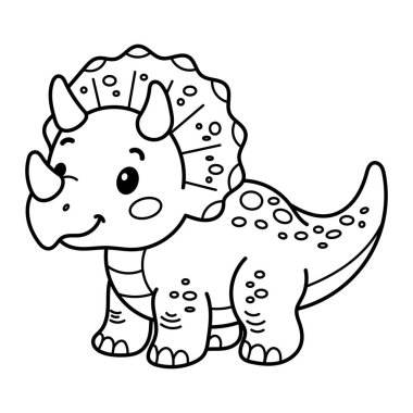 Dost canlısı çizgi film triceratops dinozor çizimi, siyah beyaz çizgi sanatı, çocukları boyamak için mükemmel kitaplar, anaokulu aktiviteleri, dinozor partileri. Vektör illüstrasyonu