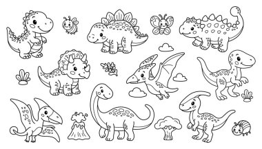 Çoklu türleri, uçan sürüngenleri, böcekleri, volkanı ve bitkileri olan sevimli bir karikatür demeti. Sayfaları boyamak için siyah ve beyaz olarak dizayn edilmiş. Vektör illüstrasyonu