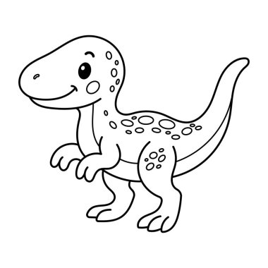 Dost canlısı çizgi film Velociraptor dinozor çizgisi gülümseyen bir yüz ve oyuncu bir poz, boyama kitapları ve çocuk aktiviteleri için mükemmel. Vektör illüstrasyonu