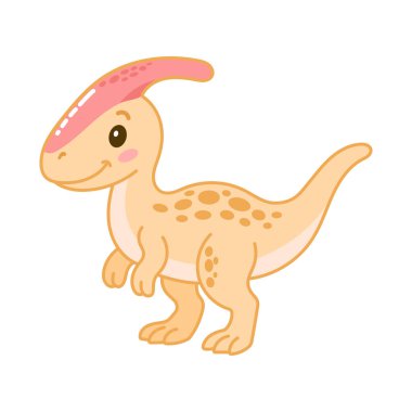 Neşeli bir karikatür olan parasaurolophus dinazoru yumuşak sarı bir gövdeye, benekli pembe kıvrımlı bir armaya ve çocuk baskıları, kitaplar ve öğrenme görselleri için mükemmel bir gülümsemeye sahiptir. Vektör illüstrasyonu