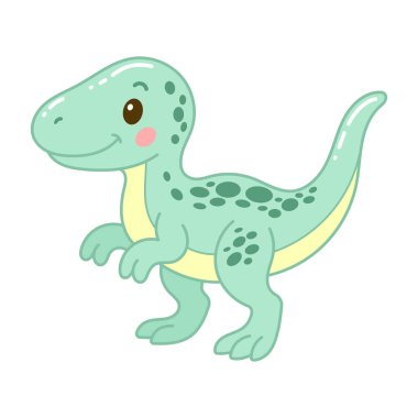 Şirin çizgi film T-Rex 'in koyu benekleri, küçük kolları, yuvarlak bir yüzü ve sarı göbeği olan yumuşak yeşil bir vücudu vardır. Vektör illüstrasyonu