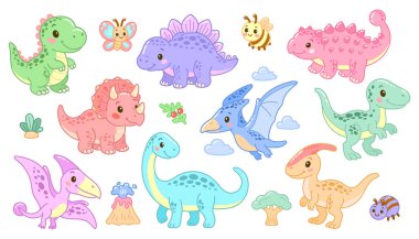 Bebek dinozorlar, gülümseyen hayvanlar, bulutlar ve doğa elementlerinin yer aldığı tarih öncesi eğlence temalı klip sticker 'lar, kitaplar, sınıf dekorları veya çocuklar için dijital varlıklar için ideal. Vektör illüstrasyonu